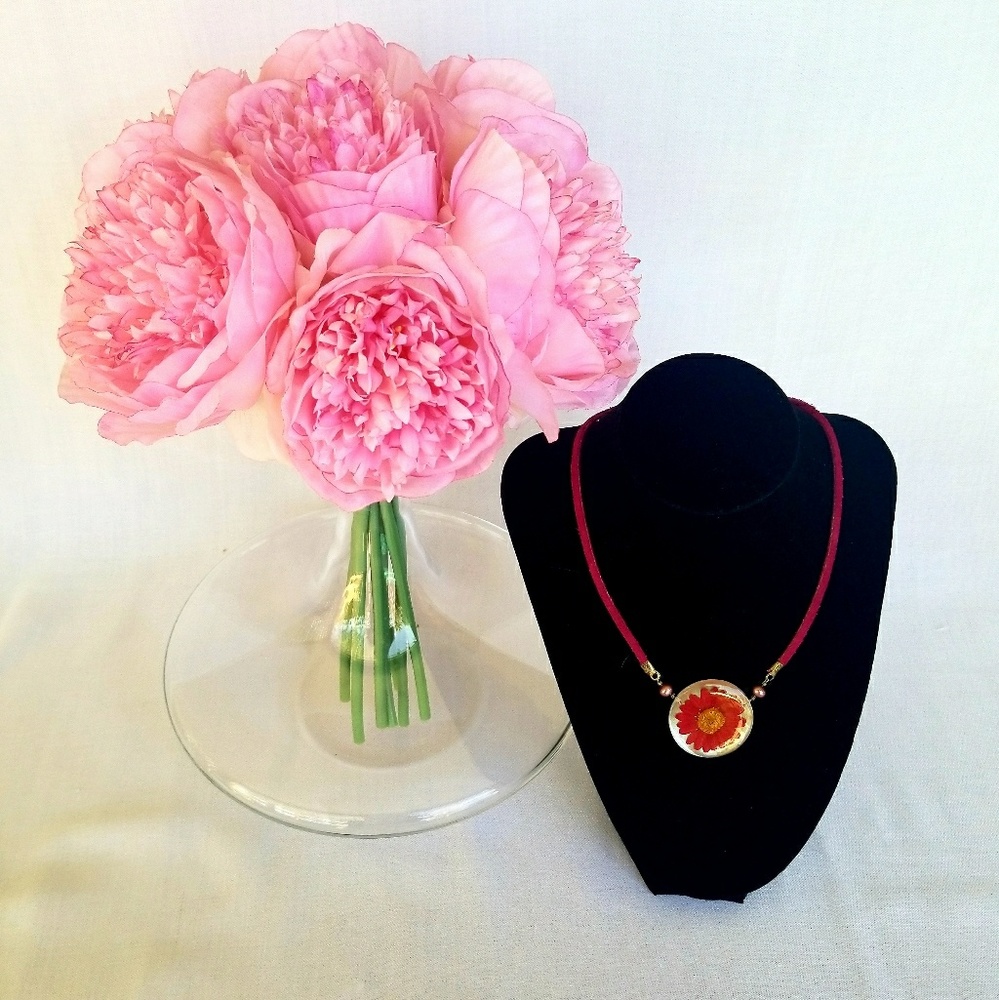 Vintage Pink Leather Cord/Pressed Flower Necklace